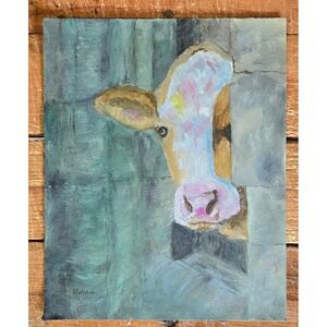 Cow Acrylic Painting Original OOAK 8x10 Canvas Signed Farmhouse Art Peek-A-Boo